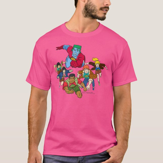 Captain Planet Flying Into Action Group T-Shirt (Front)