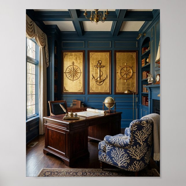 Captain’s Executive Maritime Study Gold Triptych I Poster (Front)