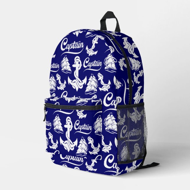 Captain Sailboat Anchor Nautical Design Printed Backpack (Back Corner Right)