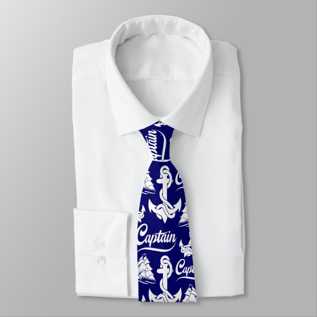 Captain Sailboat Anchor Nautical Design Tie (Tied)