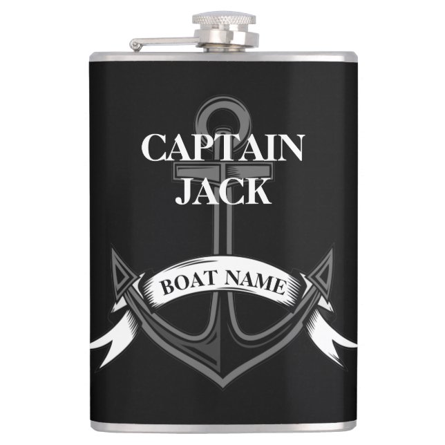 Captain Ship Anchor Black Nautical Custom Hip Flask (Front)