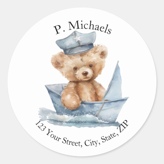 Captain Teddy Bear Round Address Label  (Front)