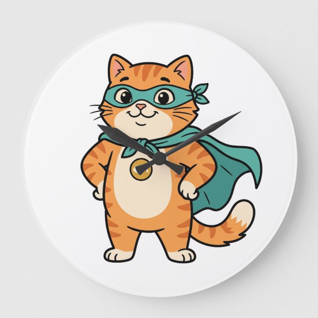 Captain Whiskerton – Cute Superhero Orange Tabby C Large Clock (Front)