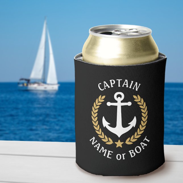 Captain Your Boat Name Anchor Gold Laurel Black Can Cooler (Creator Uploaded)