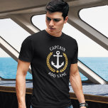 Captain Your Boat Name Anchor Gold Laurel Black T-Shirt<br><div class="desc">A custom designed nautical boat anchor,  gold style laurel leaves and a gold star with Captain rank or other title and Your Personalised Name or Boat Name on a Black T-Shirt. Makes a great gift.</div>