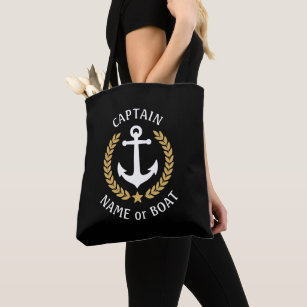 Captain Your Boat Name Anchor Gold Laurel Black Tote Bag