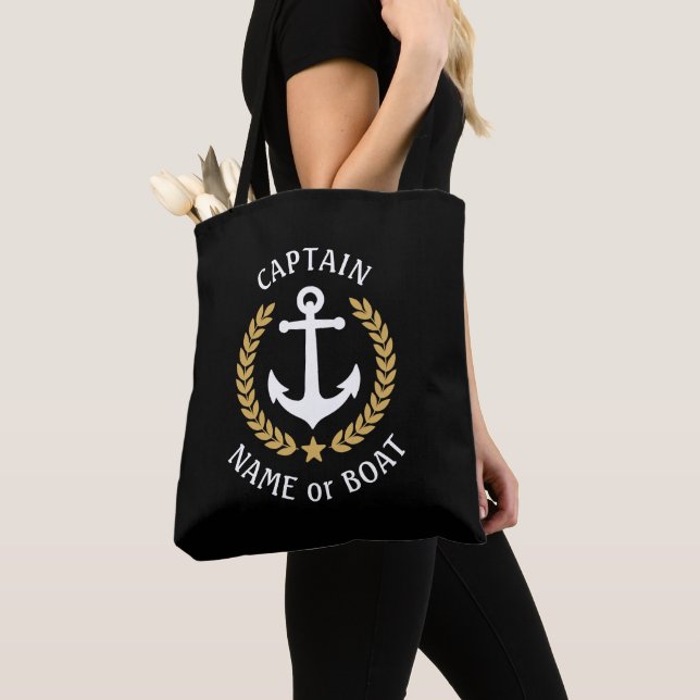 Captain Your Boat Name Anchor Gold Laurel Black Tote Bag (Close Up)