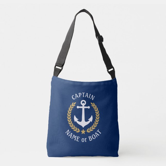 Captain Your Boat Name Anchor Gold Laurel Navy Crossbody Bag (Front)