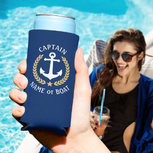 Captain & Your Boat Name Anchor Gold Laurel Navy Seltzer Can Cooler