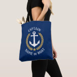 Captain Your Boat Name Anchor Gold Laurel Navy Tote Bag<br><div class="desc">A stylish tote bag with Captain or other title, your personalised name, boat name or other desired text. Features a custom designed nautical boat anchor with gold style laurel leaves and star on navy blue. Easily customise the base colour to match your current decor or theme. Reusable and great for...</div>