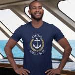 Captain Your Boat Name Anchor Gold Laurel T-Shirt<br><div class="desc">A custom designed nautical boat anchor,  gold style laurel leaves and a gold star with Captain rank or other title and Your Personalized Name or Boat Name on a navy blue T-Shirt. Makes a great gift.</div>