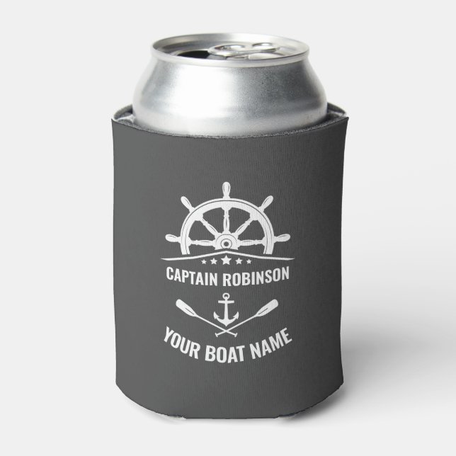 Captain Your Boat Name Nautical Anchor Oars Helm Can Cooler (Can Front)