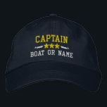Captain Your Boat Name Nautical Stars Gold Silver Embroidered Hat<br><div class="desc">Sail in style with a personalised embroidered hat featuring your Captain rank or other title,  your Name or Boat Name and stars. Several cap and thread colours to choose from. Makes a great custom gift for Fathers day,  Mothers day or any occasion.</div>