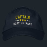 Captain Your Boat Name Nautical Stars Gold Silver Embroidered Hat<br><div class="desc">Sail in style with a personalised embroidered hat featuring your Captain rank or other title,  your Name or Boat Name and stars. Several cap and thread colours to choose from. Makes a great custom gift for Fathers day,  Mothers day or any occasion.</div>