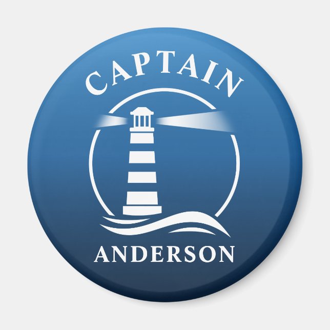 Captain Your Name Lighthouse Ocean Waves Blue Magnet (Front)