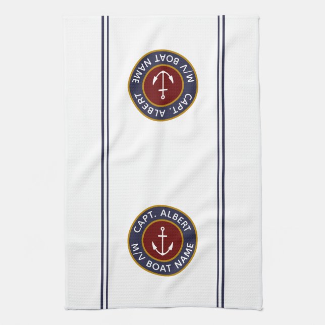 Captain Your Name Maroon Anchor Kitchen Towel (Vertical)