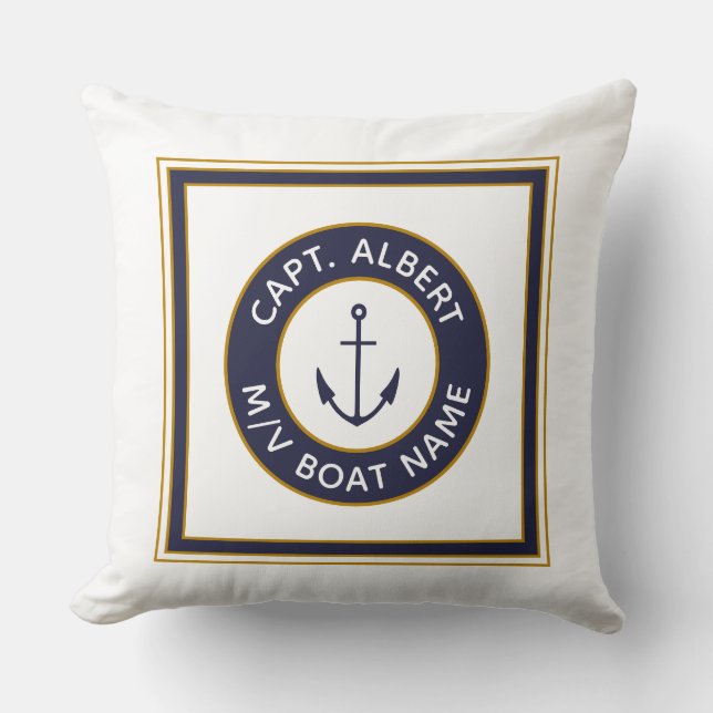 Captain Your Name Navy White Anchor Pillow (Front)