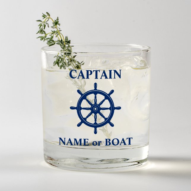 Captain Your Name or Boat Nautical Helm Wheel Navy Whiskey Glass (Creator Uploaded)