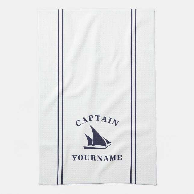 Captain Your Name Sailboat Kitchen Towel (Vertical)