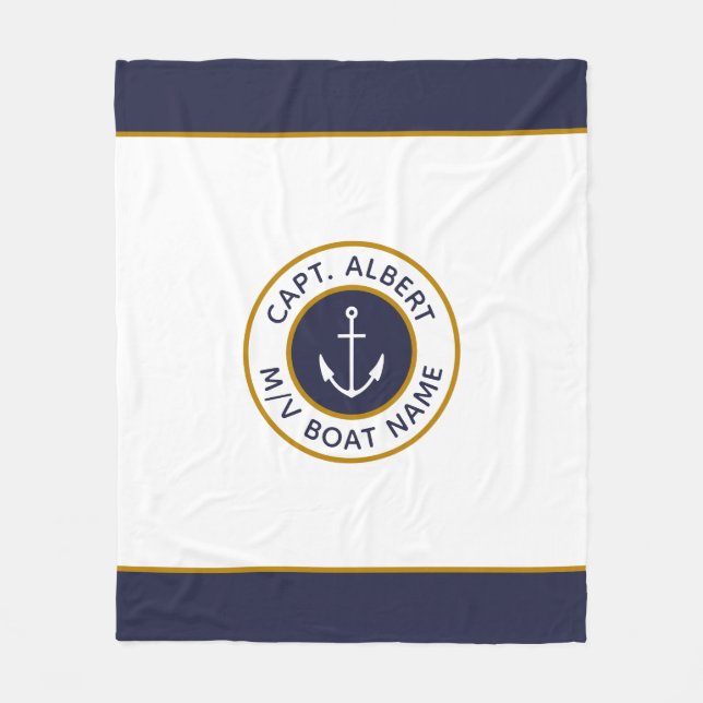 Captain Your Name White Blue Anchor Duvet Cover Fleece Blanket (Front)