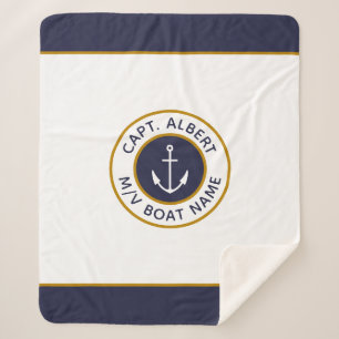 Captain Your Name White Blue Anchor Sherpa Blanket