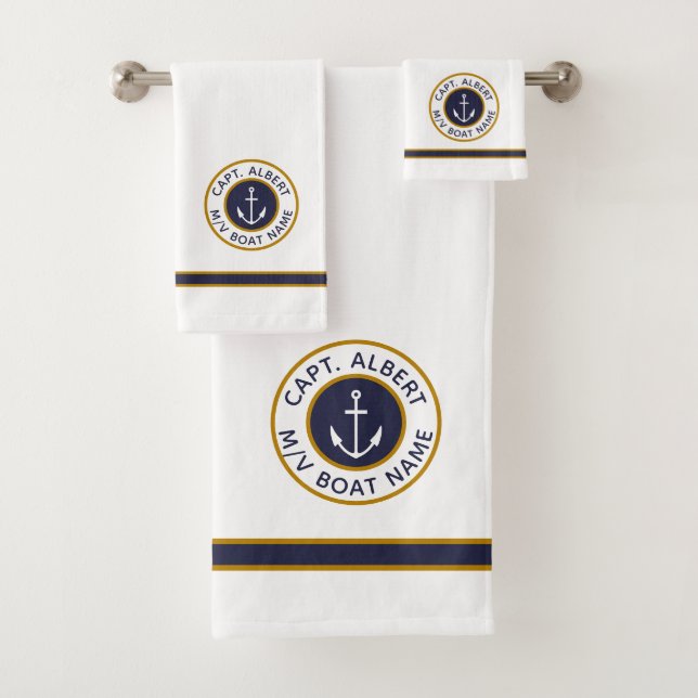 Captain Your Name White Navy Blue Gold Towel Set (Insitu)