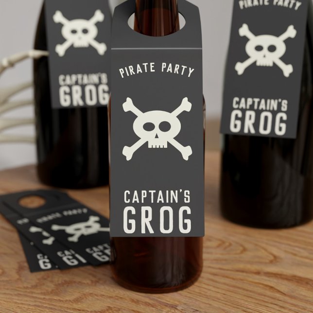 Captain's Grog Pirate Party Bottle Hanger Tag (Skull and Crossbones bottle tag for yer pirate party. Yarrr!!)