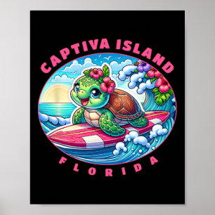Captiva Island Florida Cute Surfing Girl Sea Turtl Poster