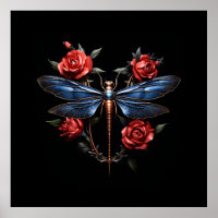 Captivating Art: Metallic Dragonfly with Red Roses