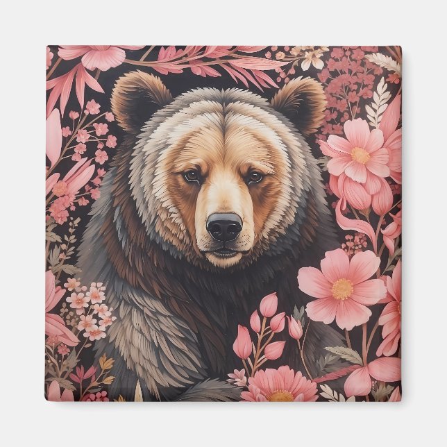 Captivating Brown Bear Gaze Pink Flowers Magnet (Front)