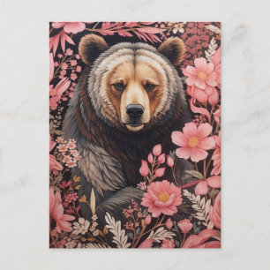 Captivating Brown Bear Gaze Pink Flowers Postcard