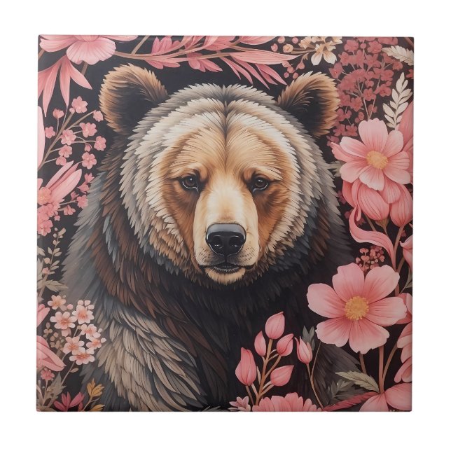 Captivating Brown Bear Gaze Pink Flowers Tile (Front)
