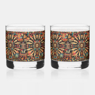 Captivating Cyan "Aztec Dream" Rocks Glass Pair
