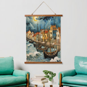 Captivating Fishermen Art in Stormy Sea Night Hanging Tapestry