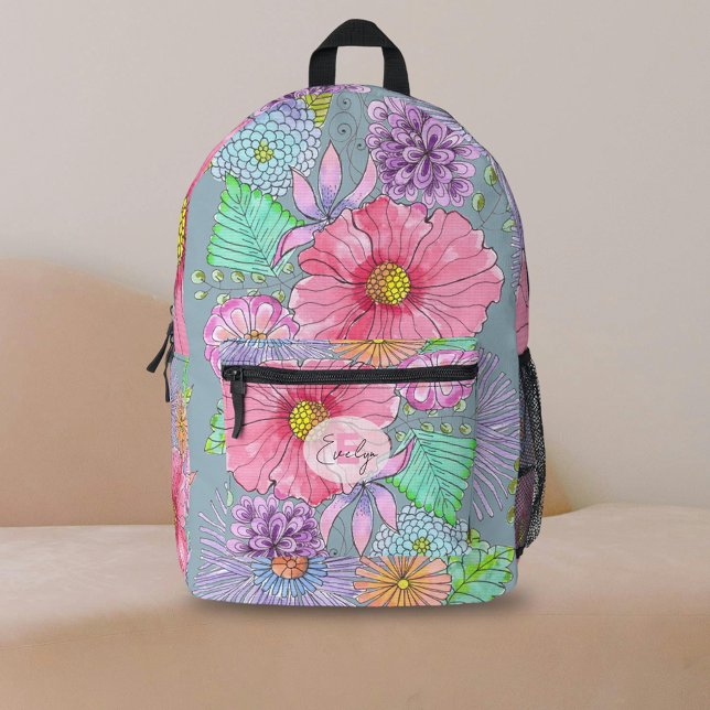 Captivating Watercolor Blossoms Leaves and Name Printed Backpack (Creator Uploaded)