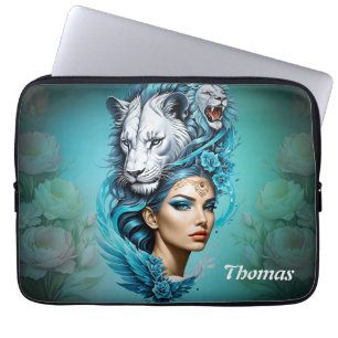 Captivating woman with a majestic lion's head, laptop sleeve