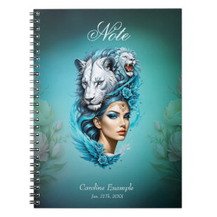 Captivating woman with a majestic lion's head,  notebook