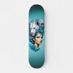 Captivating woman with a majestic lion's head,  skateboard