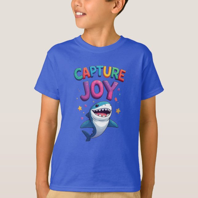 Capture Joy: Playful Cartoon Shark T-Shirt (Front)
