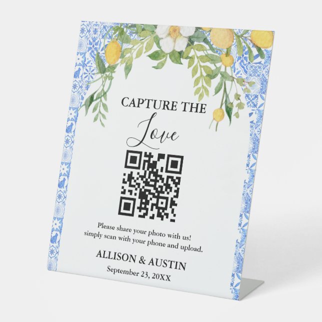 Capture love QR code Blue tile and Lemon wedding Pedestal Sign (Front)