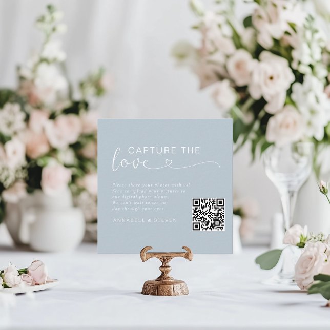 Capture the love! Custom QR-Code Wedding Enclosure Card (Capture the love! Photo, QR-Code, Wedding Table Card, Powder-Blue.)