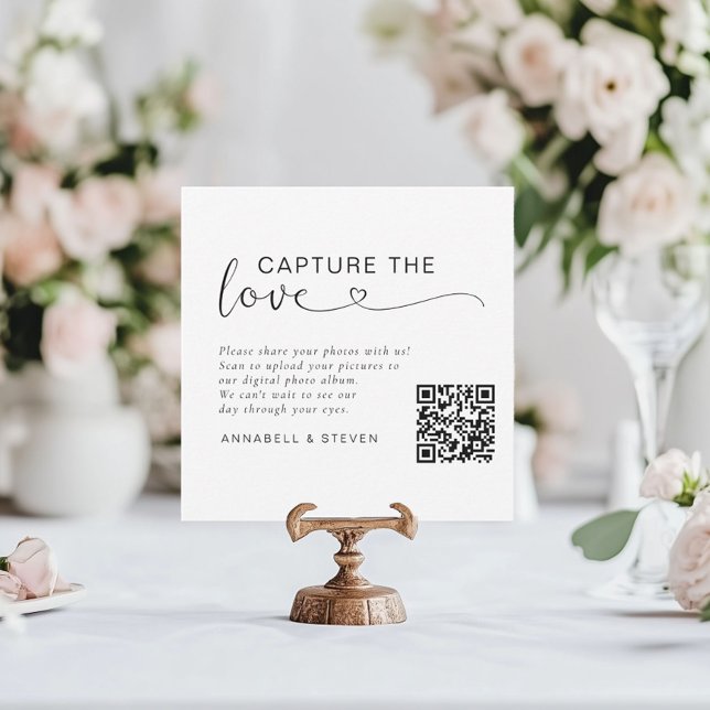 Capture the love! Custom QR-Code Wedding Enclosure Card (Capture the love! Photo, QR-Code, Wedding Table Card, White.)