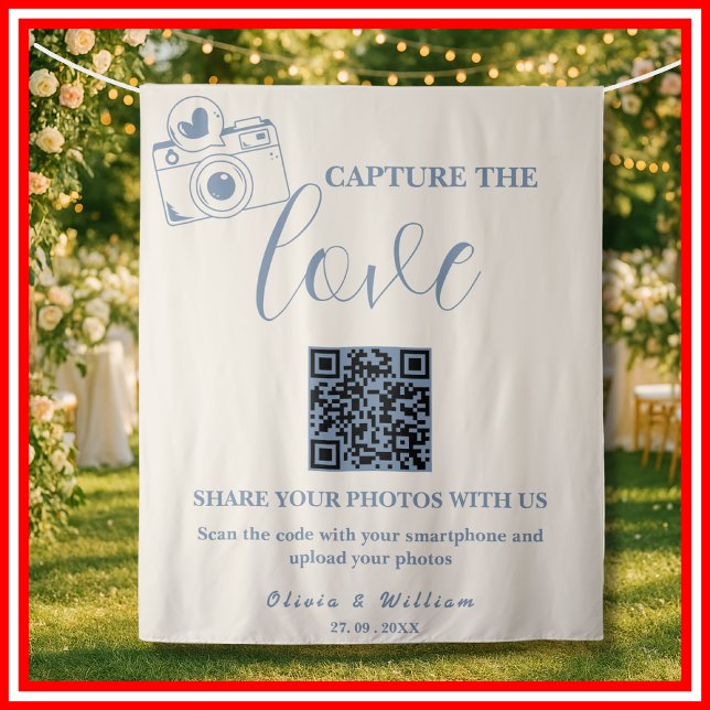 Capture The Love Dusty Blue QR Wedding Backdrop Tapestry (Creator Uploaded)