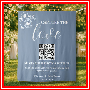 Capture The Love Dusty Blue QR Wedding Backdrop Tapestry