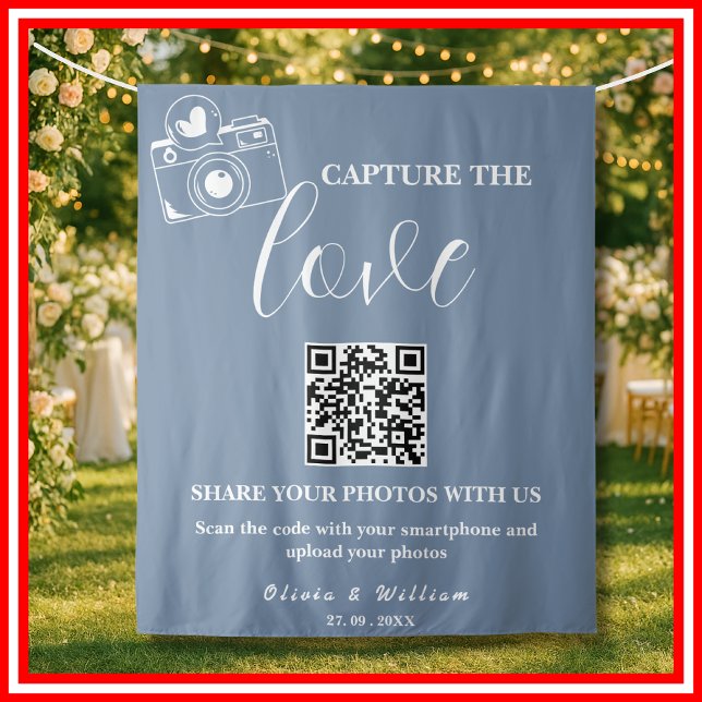 Capture The Love Dusty Blue QR Wedding Backdrop Tapestry (Creator Uploaded)