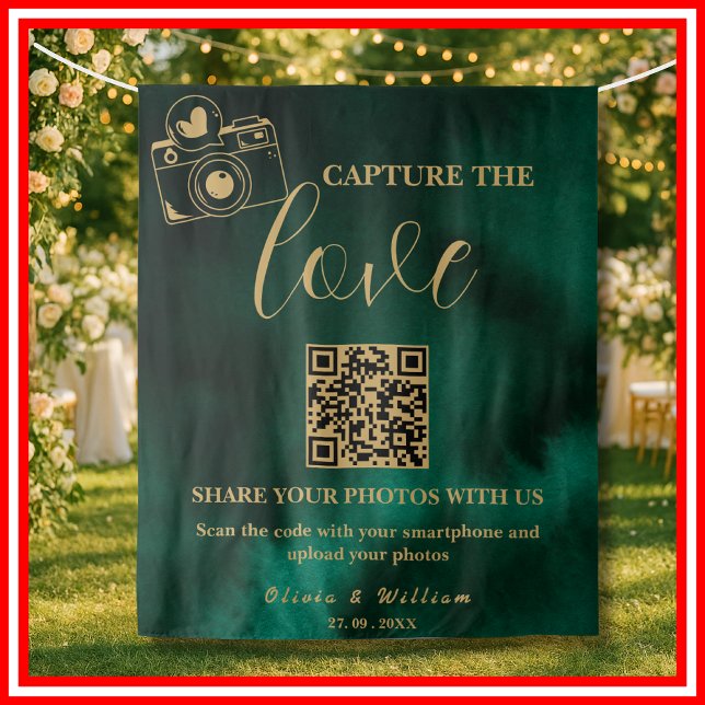 Capture The Love Emerald Green & Gold QR Backdrop Tapestry (Creator Uploaded)