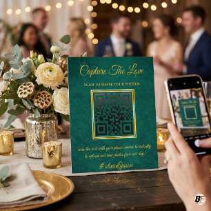 Capture The Love   Emerald Green & Gold Wedding QR Pedestal Sign