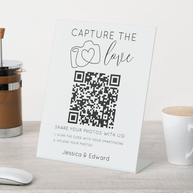 Capture The Love Qr Code Black Chic Modern Wedding Pedestal Sign (In SItu)