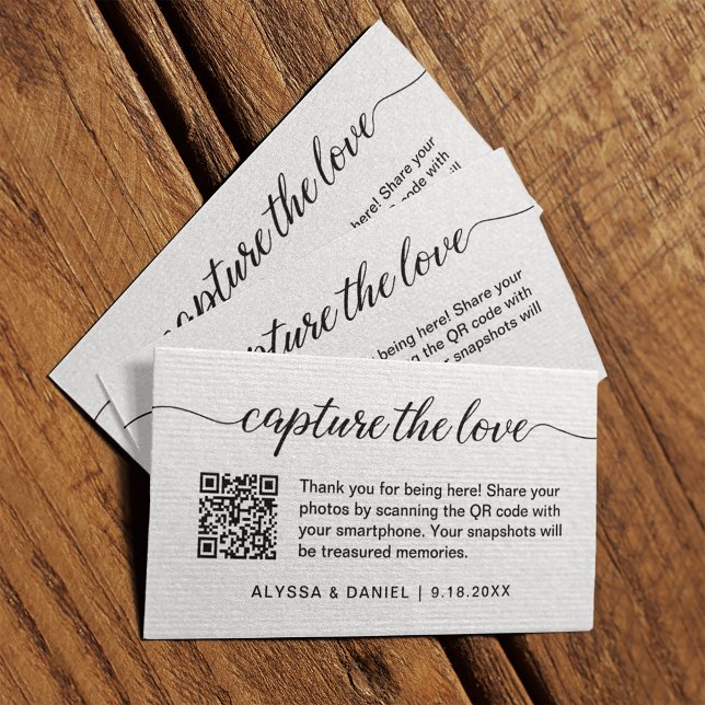 Capture the love QR code wedding photo sharing Enclosure Card (Modern, minimalist capture the love wedding photo share QR code enclosure, business card size.)