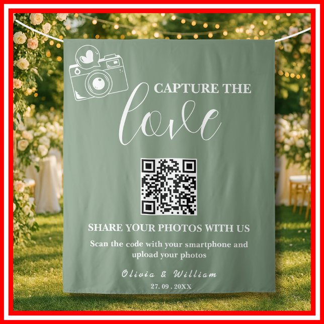 Capture The Love | Sage Green QR Code Wedding Tapestry (Creator Uploaded)